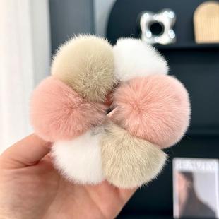 在休闲风格可爱流行大雷克斯兔毛发圈毛绒球发绳头饰橡皮筋发配件