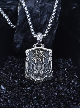 S925纯银复古手工泰银将军令之狮吊牌精工盘龙祥云男女吊坠项链