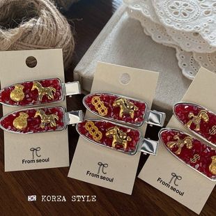 新年红色小马水晶蝴蝶结发夹女甜美彩钻碎发BB夹侧边刘海边夹发卡