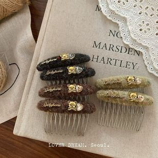 韩国INS新款 甜美可爱水钻小熊发饰修脸边夹 复古毛毡彩色豆豆发梳