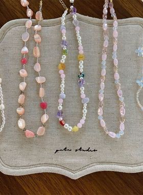 韩国新款粉蓝色爱心石头珍珠串珠