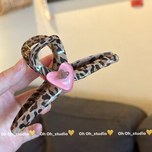 【实拍】时髦俏皮洋气豹纹发抓粉色果冻爱心土星鲨鱼夹发夹ins