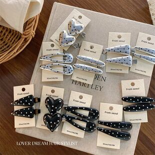 韩国ins新款 质感黑色银色波点爱心仿皮发夹刘海夹头饰发饰女 时尚
