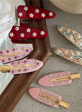 气质甜美 红色花朵三角形发夹边夹 精致重工点钻水滴鸭嘴夹刘海夹