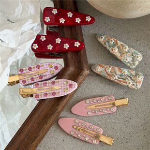 气质甜美 红色花朵三角形发夹边夹 精致重工点钻水滴鸭嘴夹刘海夹