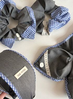 甜美少女复古蓝格纹大号灰色发圈级感蕾丝方巾马尾头绳发箍头箍发