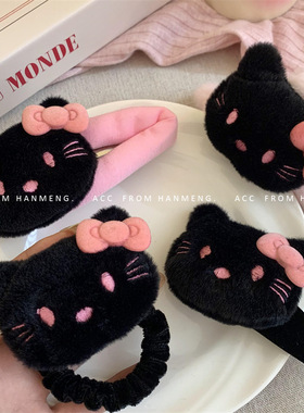 可爱软软萌黑色KT猫咪粉色蝴蝶结甜美kitty发夹可爱毛绒发圈发饰