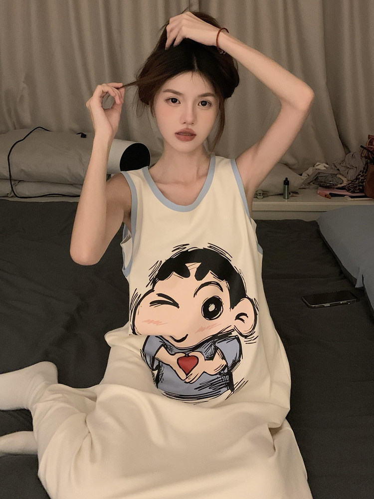 睡衣女夏季薄款可爱蜡笔小新带胸垫长款背心无袖睡裙夏天2025新款
