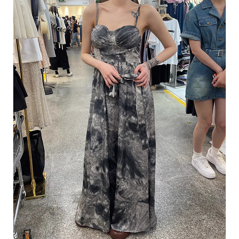 抹胸露背性感吊带连衣裙女中长款收腰显瘦复古洋气绑带a字裙长裙