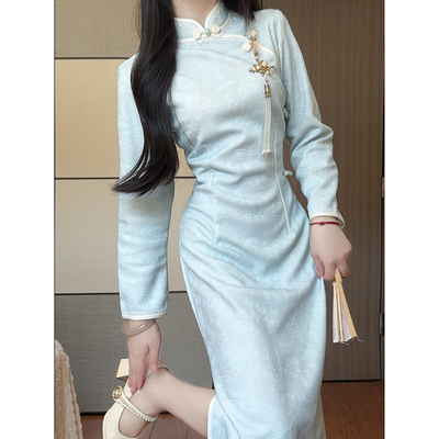 抹茶麻薯2025年秋季新款蓝色旗袍
