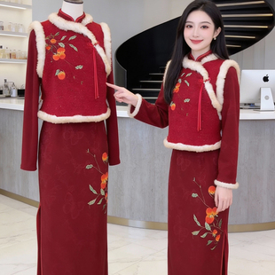 红色旗袍冬装敬酒服柿柿如意刺绣女新中式气质拜年服新年战袍加厚
