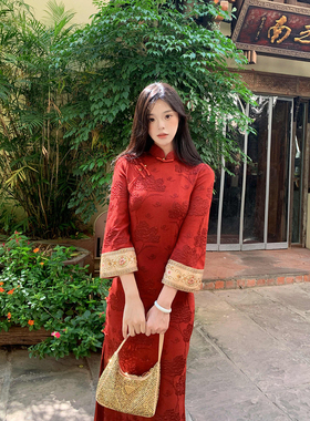 国风富家千金旗袍订婚穿搭绝美新中式气质复古红色提花盘扣连衣裙