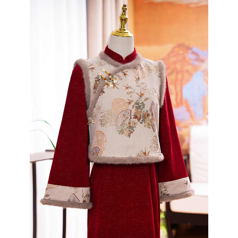 红色国风旗袍秋冬加绒加厚