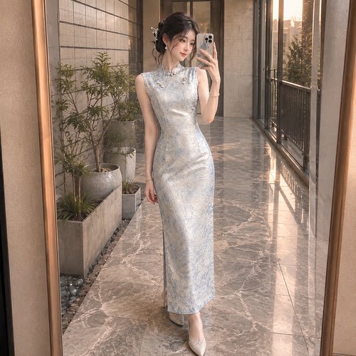新中式蓝色无袖掐腰长款改良旗袍2026新款年轻款女上班可以穿夏季