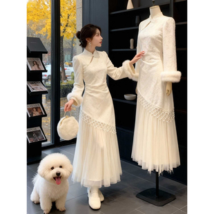 新中式立领加绒连衣裙女2025秋冬新款长袖流苏改良旗袍气质长裙子