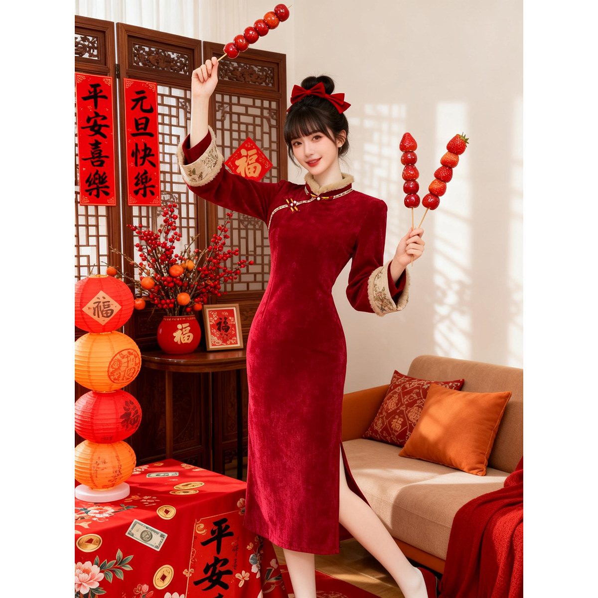 红色新中式旗袍2025新款长袖高端
