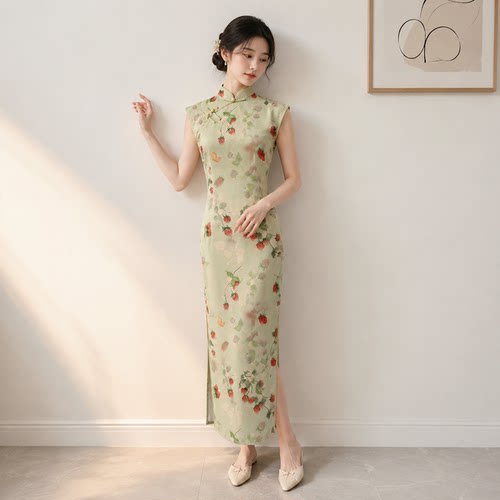 春夏新中式青绿修身显白百搭旗袍