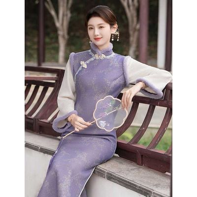 紫色冬装国风中式长款旗袍年轻