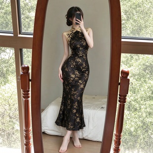 新中式旗袍连衣裙女撞色盘扣拼接黑色鱼尾裙26秋冬季【东方金棘】