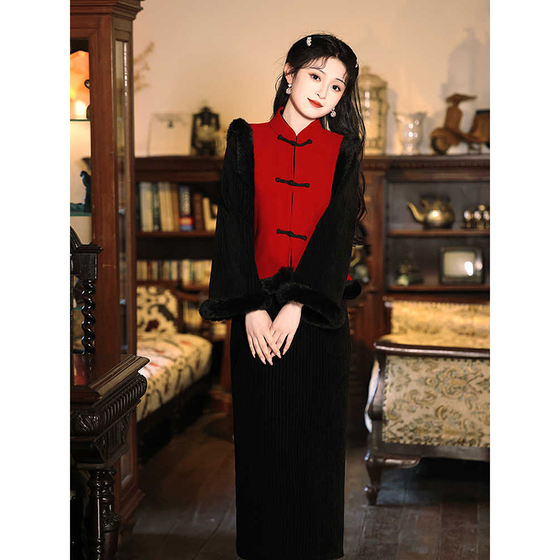 黑色旗袍新款2024秋冬季马甲套装