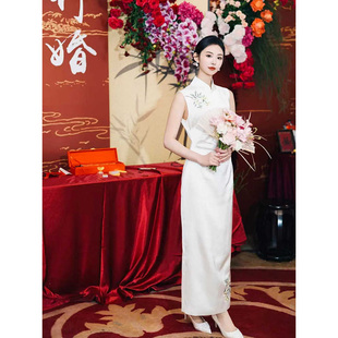 新中式 重工白色刺花改良旗袍连衣裙 国风晨袍新娘订婚礼服当天便装