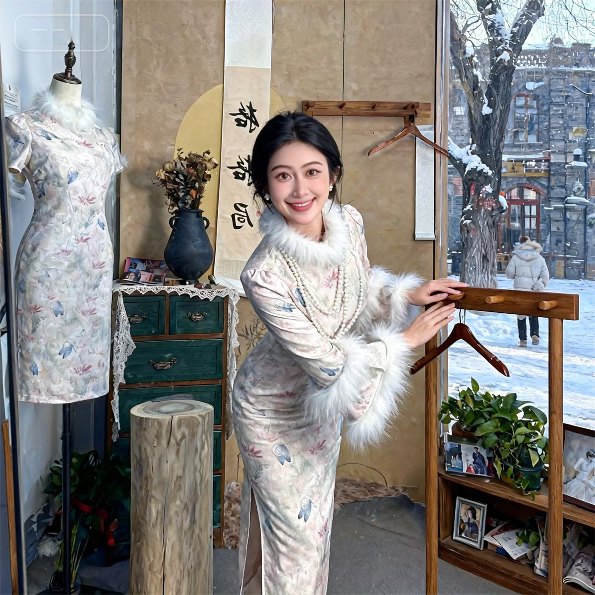 毛绒领保暖日常可穿新中式旗袍