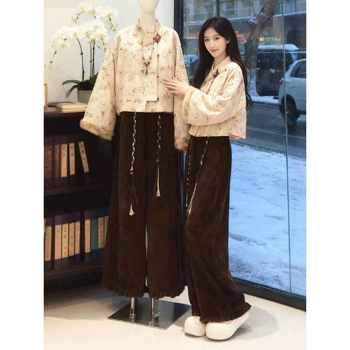 新中式国风提花短外套阔腿裤气质