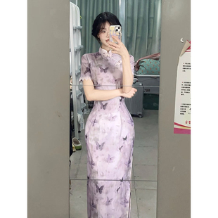 显瘦蝴蝶花裙子 日常高级感连衣裙修身 国风紫色短袖 旗袍女夏新中式