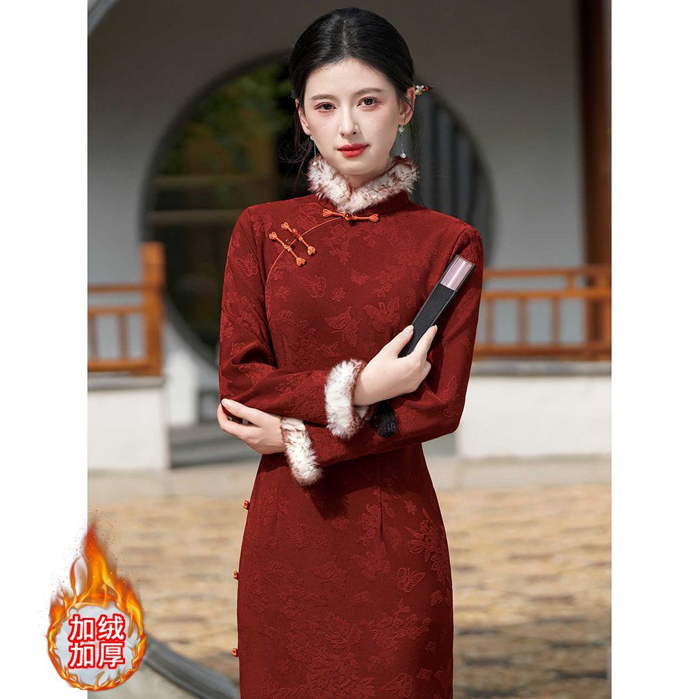 红色秋冬小个子加厚缇花旗袍女