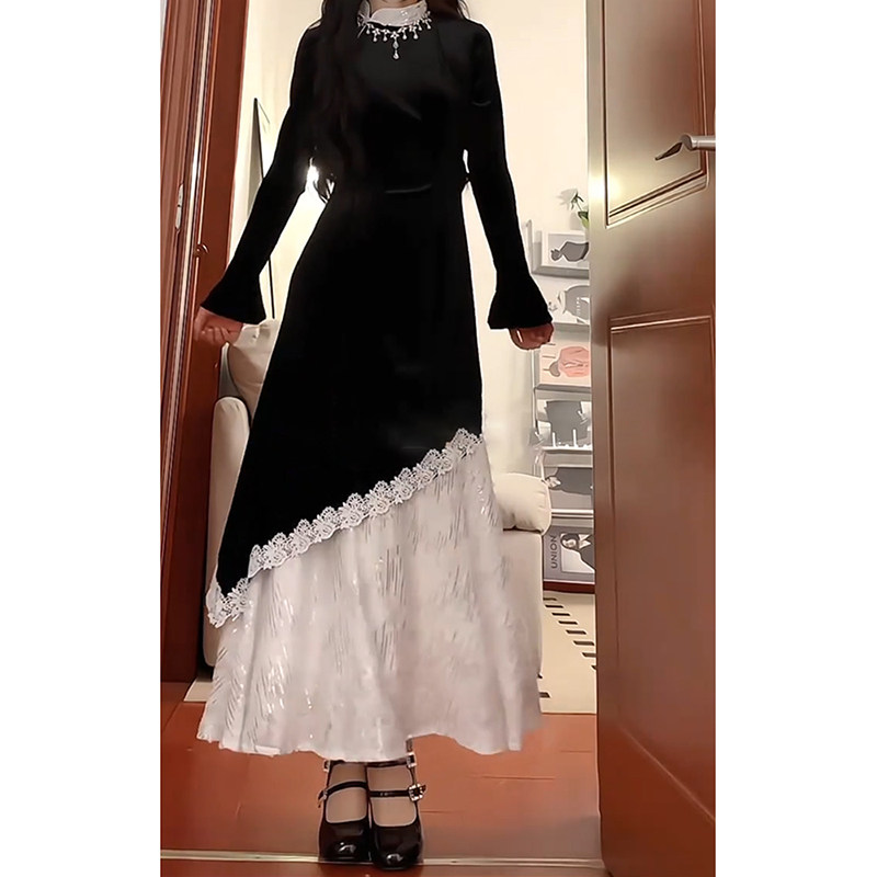 国风改良黑色旗袍裙2024秋冬