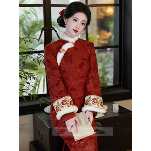 红色旗袍冬装加绒加厚敬酒服新中式国风连衣裙过年拜年服新年战袍
