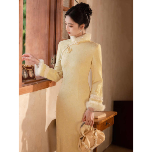 黄色旗袍秋冬季改良年轻款少女2025新款高级感加绒加厚长袖连衣裙
