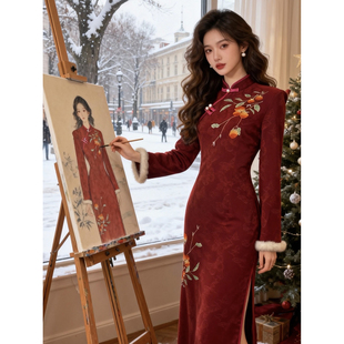 红色旗袍冬装敬酒服柿柿如意刺绣女新中式气质拜年服新年战袍加厚