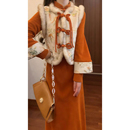 国风复古毛毛拼接马甲&橘色旗袍连衣裙两件套 新中式 一川枫叶