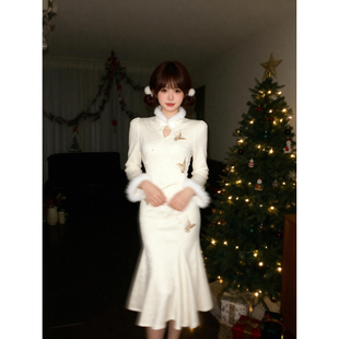 新中式气质国风旗袍连衣裙女装2025秋冬新款加绒加厚收腰鱼尾长裙