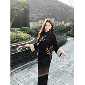 黑色金梅报喜倒大袖 新中式 复古提花高级刺绣显瘦国风旗袍连衣裙