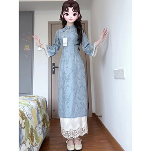 新中式国风改良旗袍秋季新款蕾丝拼接假两件连衣裙书卷气日常可穿
