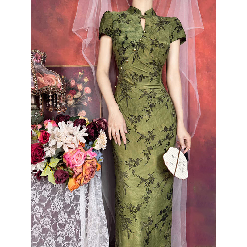 复古绿色新中式改良旗袍夏季
