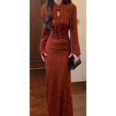 秋冬加绒新中式 复古暗花酒红色改良旗袍连衣裙气质修身 长裙高级感