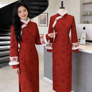 红色旗袍冬装加绒加厚敬酒服新中式国风连衣裙过年拜年服新年战袍