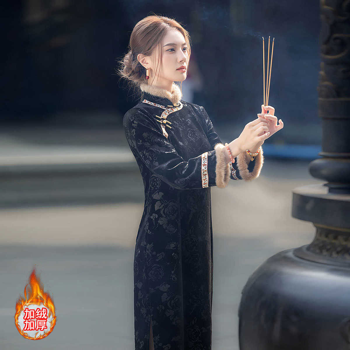 日常黑色旗袍女新中式2025新款冬