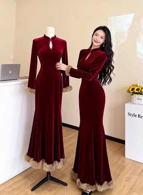 新中式重工复古步步生莲改良旗袍修身红色鱼尾长裙 【忘川迷雾】