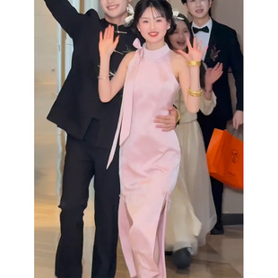 新中式国风粉色鹿鹿无袖削肩挂脖袍裙高级感气质淑女范连衣裙日常