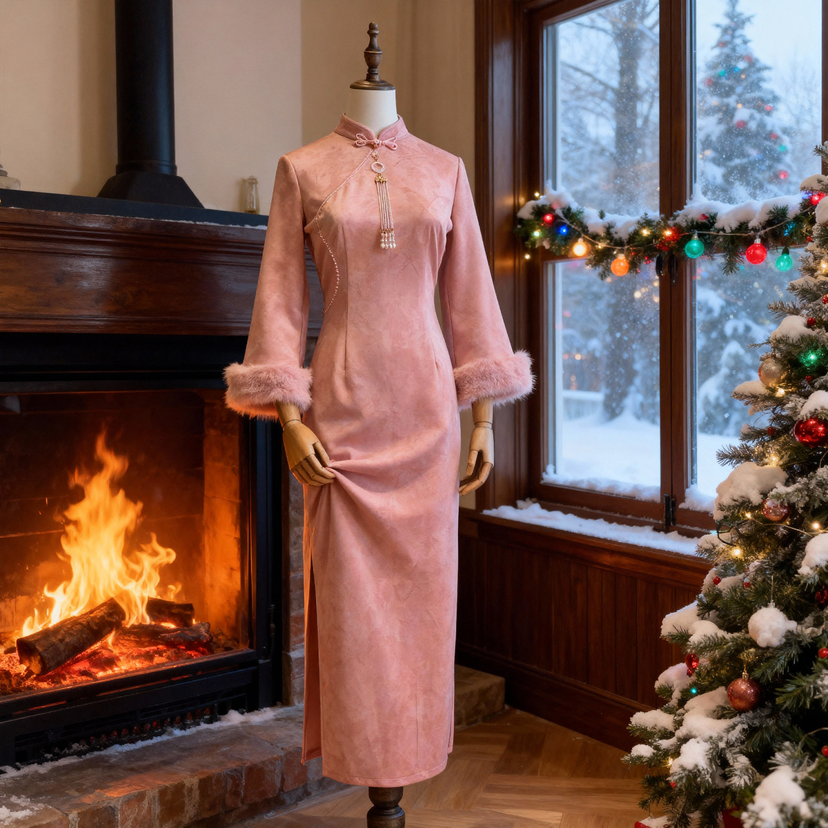 【粉绒蝶】粉色旗袍秋冬加绒中式