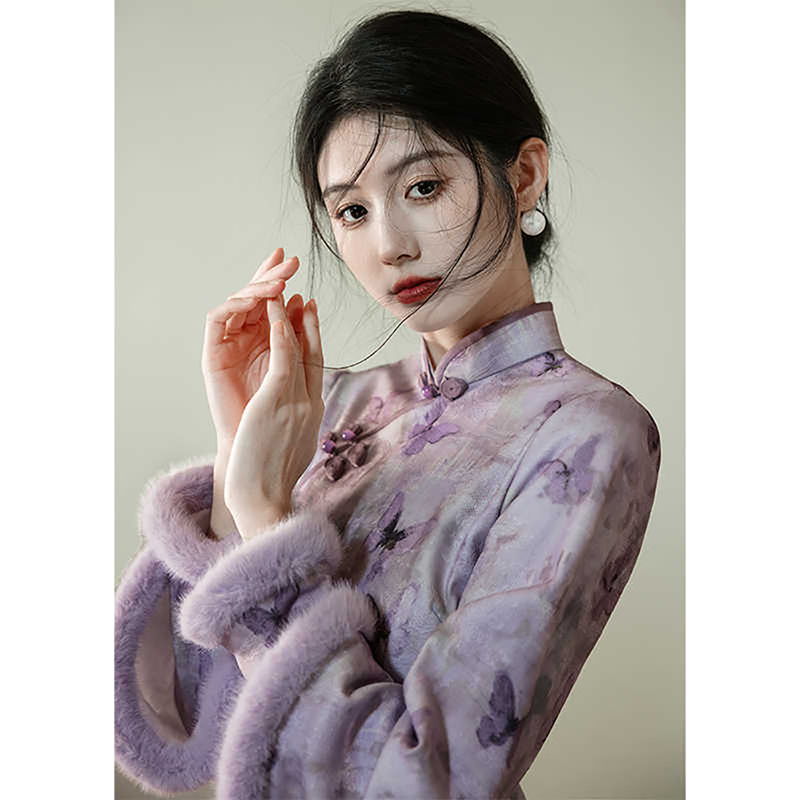 加绒紫色旗袍2024冬款女