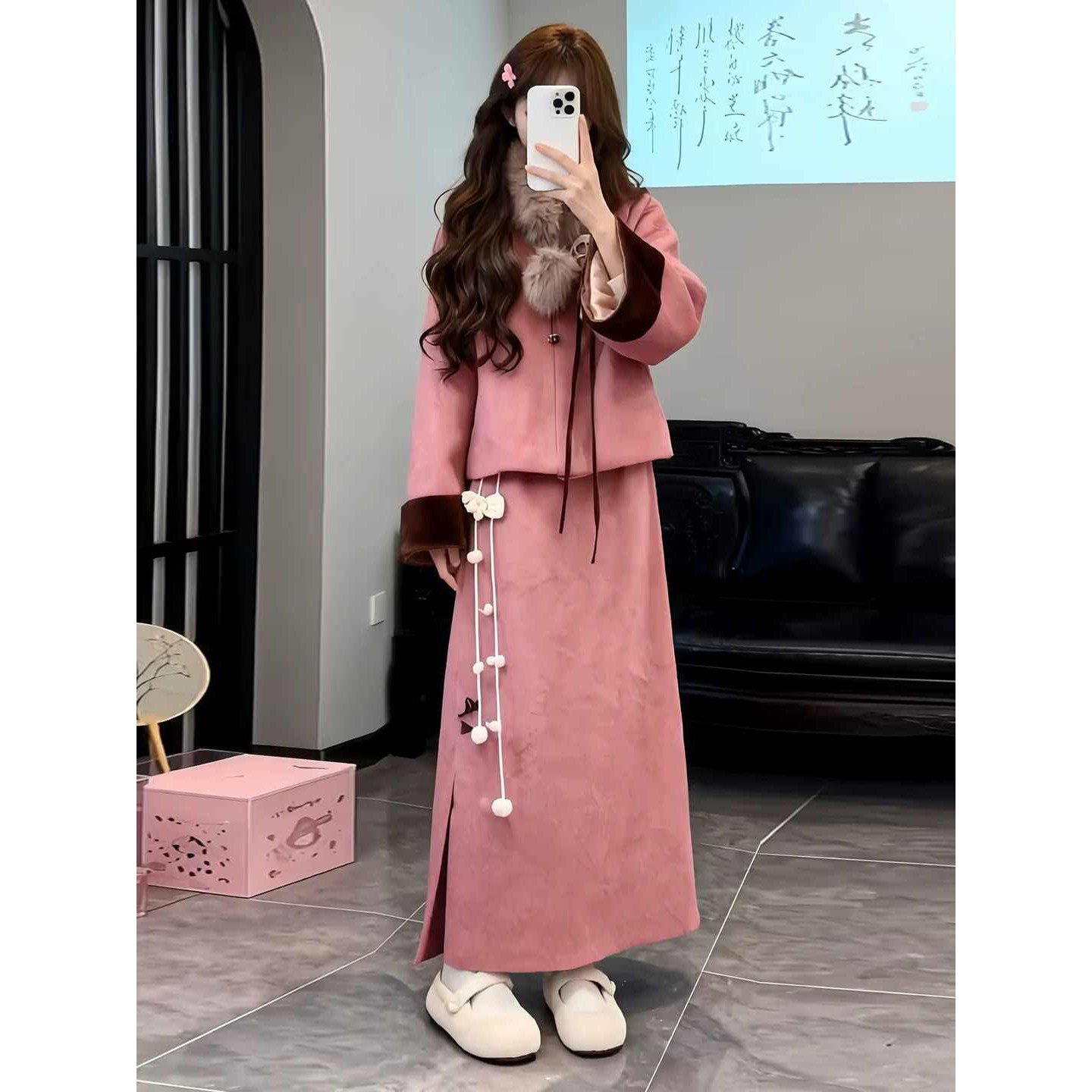 新中式套装国风独特漂亮绝美粉色毛呢外套半身裙大方得体两件套裙,女装/女士精品,时尚套装,淘宝优惠券,粉丝福利购,淘宝优惠卷