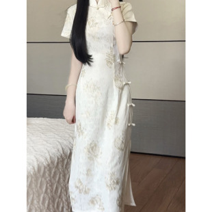 连衣裙 日常年轻刺绣蕾丝改良旗袍中长款 抹茶麻薯2025年夏季 新款