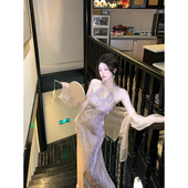 紫鸢 长款 夏季 改良连衣裙紫色性感无袖 旗袍裙披肩两件套 新中式