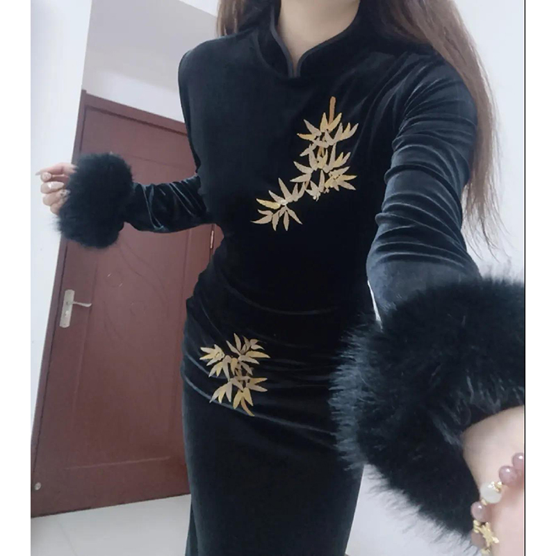 新中式国风改良黑色旗袍裙