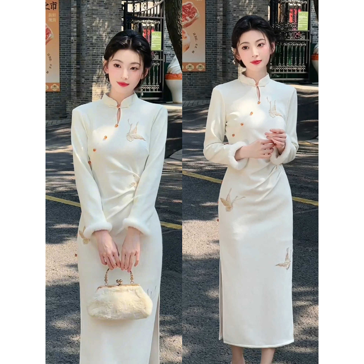 新中式旗袍连衣裙白色秋冬新款冬